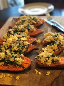 Read more about the article Kamado Smoked Sweet Potatoes Stuffed With Couscous, Spinach, Feta And Dried Cranberries