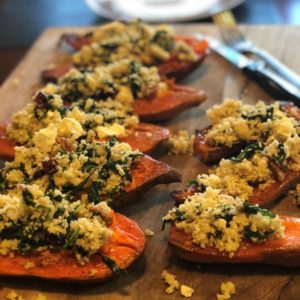 Kamado Smoked Sweet Potatoes Stuffed With Couscous, Spinach, Feta And Dried Cranberries