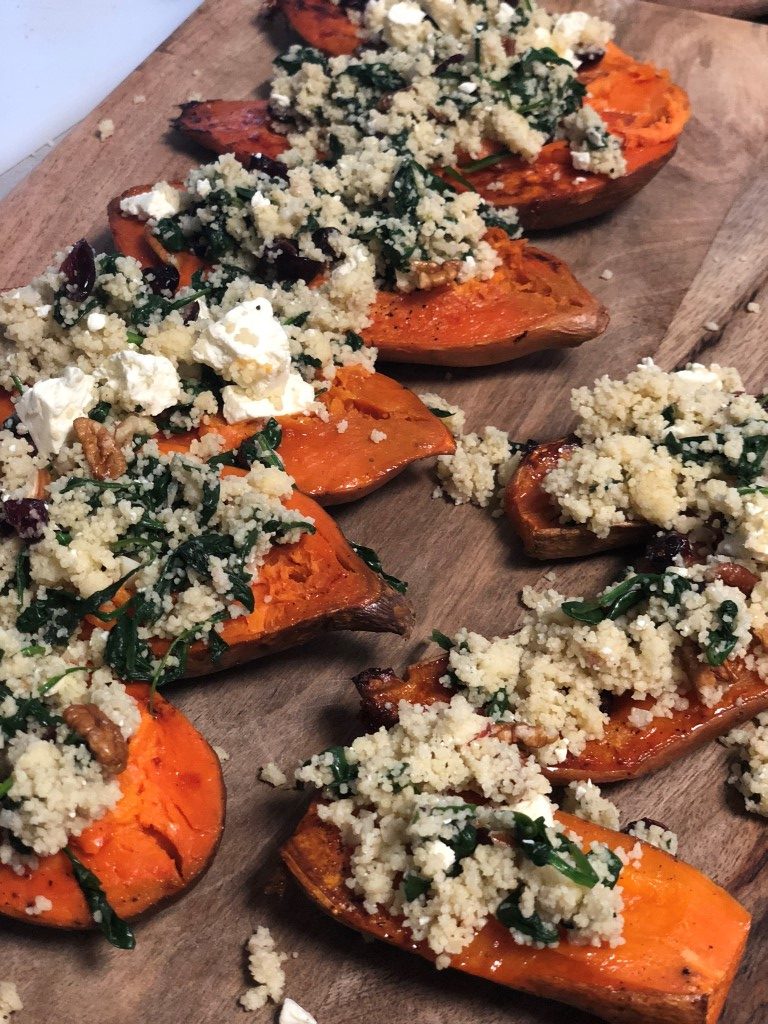 Kamado Smoked Sweet Potatoes Stuffed With Couscous, Spinach, Feta And